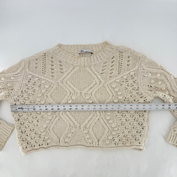 Zara Knit Cropped Sweater Small Cream Pom Pom Open Knit Boho Chic Pullover - Picture 11 of 11